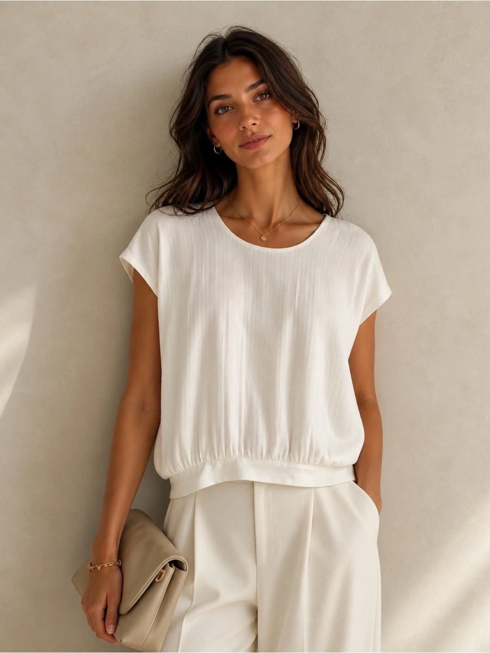 Anthropologie Ivory Short Sleeve Blouson Top